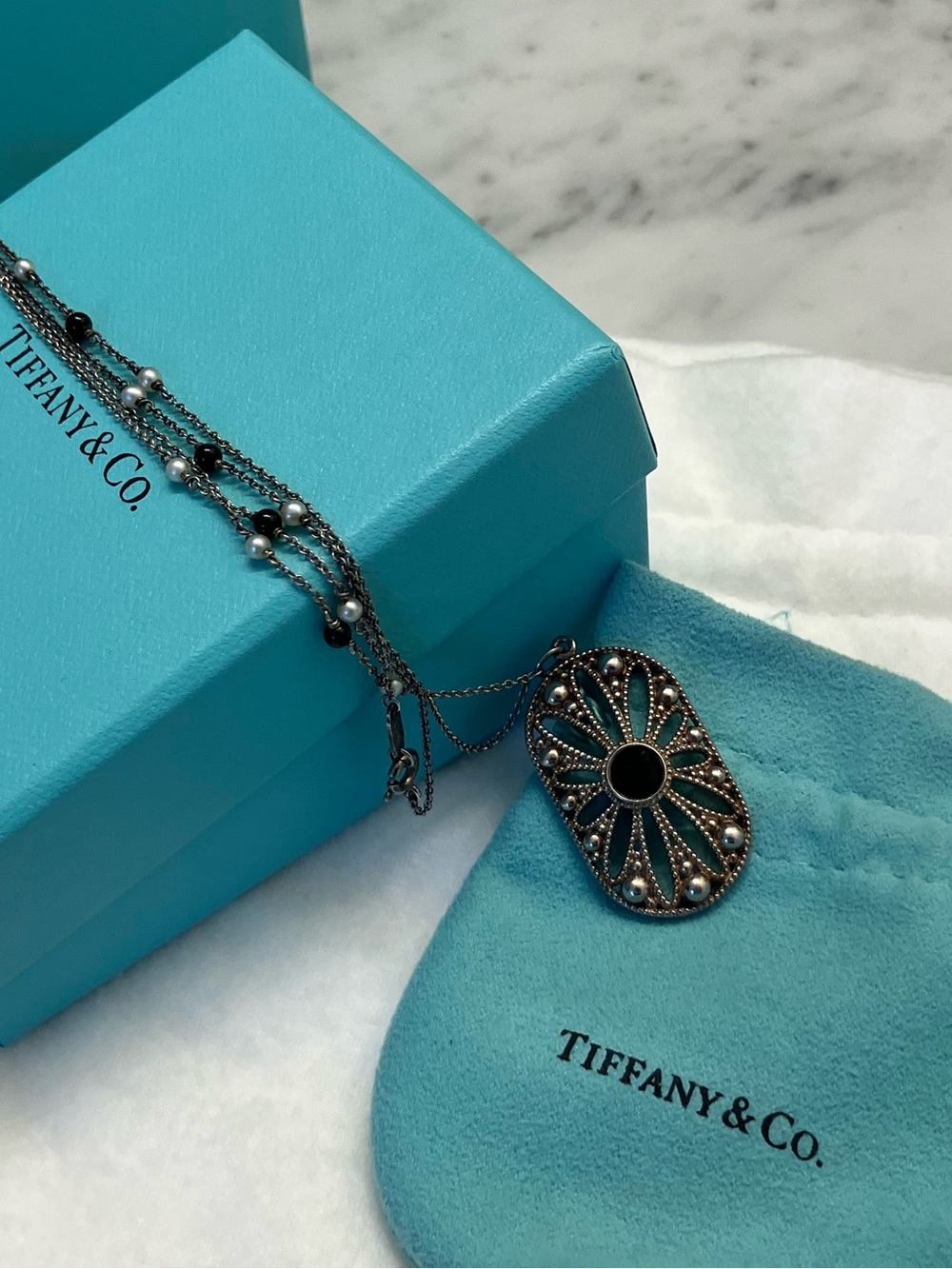 Tiffany & Co. Ziegfeld Onyx and Seed Pearl Silver Pendant Necklace